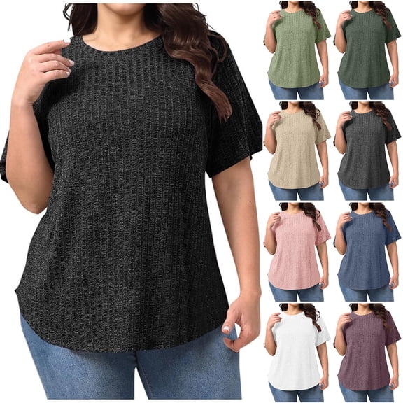 Otntypg Women Plus Size Tops Casual Crew Neck Basic Oversized Ribbed Knit Solid Color Flowy Tunic Sweater Shirts Lightweight Irregular Hem Short Sleeve Blouses Army Green XXL