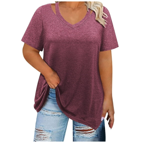 Otntypg Women Plus Size Tops Trendy Solid Color Cut Out V Neck Summer Short Sleeve Blouses Dressy Casual Oversized Flowy Tunic Tops to Wear with Leggings Wine XXXL