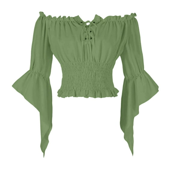Otntypg Women Renaissance Shirt Off Shoulder Trumpet Long Sleeve Smocked Waist Cropped Tops Peasant Blouse Green L