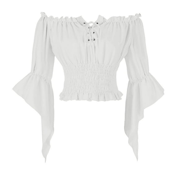 Otntypg Women Renaissance Shirt Off Shoulder Trumpet Long Sleeve Smocked Waist Cropped Tops Peasant Blouse White M