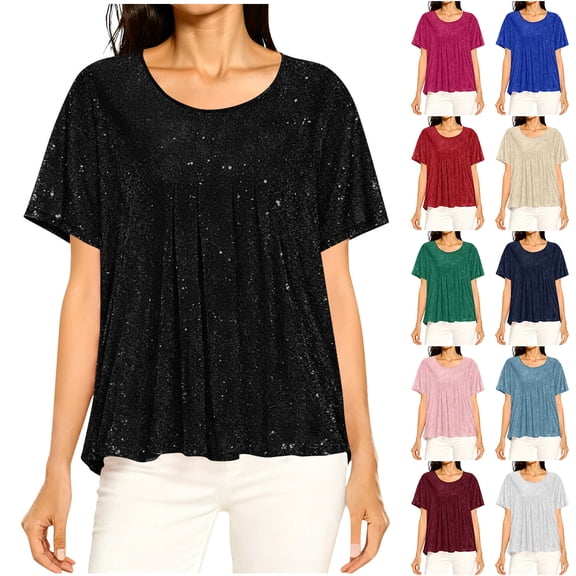 Otntypg Women Sequin Tee Shirts Sparkle Glitter Ruched Pleated Round Neck Short Sleeve Tops Loose Flowy Dressy Casual Mesh Tunic Shirts Green L