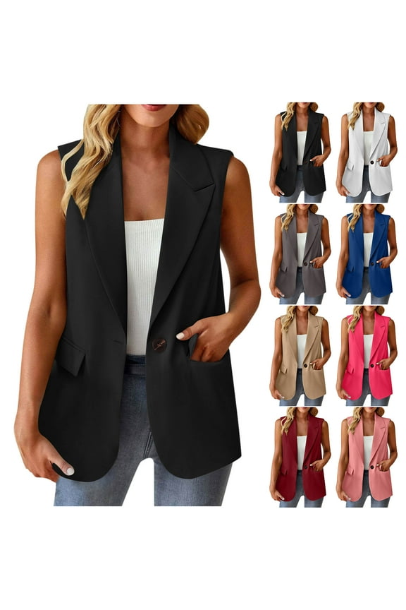 Women Sleeveless Blazer Vest Casual Open Front V Neck Fully-Lined Work Office Summer Tops Jacket with Pockets Fashion 2025 Black XXL
