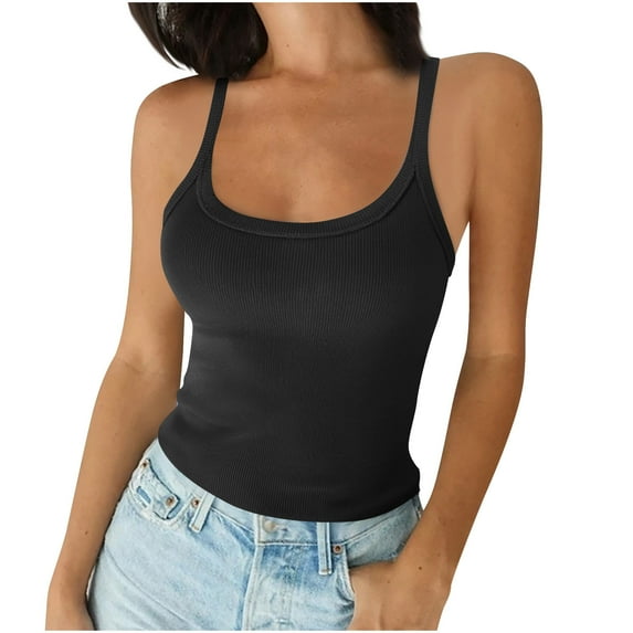 Otntypg Women Spaghetti Strap Scoop Neck Ribbed Knit Tank Tops Slim Fitted Cotton Camisole Basic Sleeveless Layering Shirts Dark Gray XL
