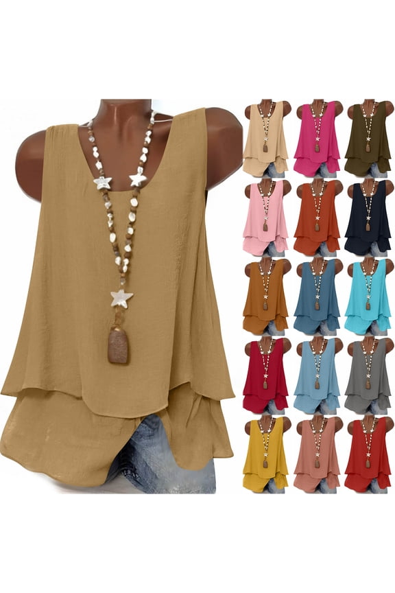 Women Summer Linen Layered Tank Tops Loose Flowy Scoop Neck Tunics Lightweight Soft Solid Color Sleeveless Beach Shirts Plus Size Casual Boho Blouses Red L