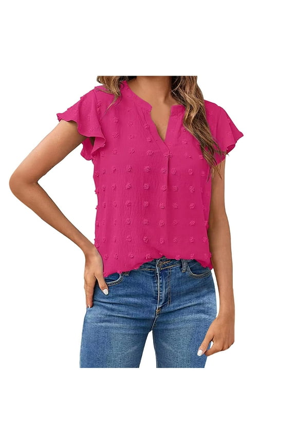 Women Summer Notch V Neck Ruffle Short Sleeve Chiffon Blouse Casual Solid Color Swiss Dot Flowy Shirt Tunic Tops Loose Fit T-Shirt Hot Pink L