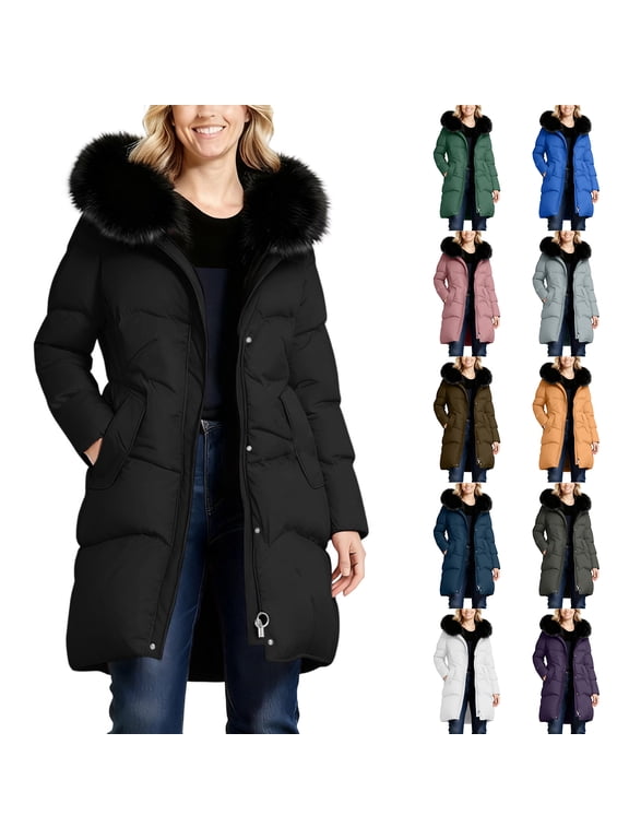 Women Winter Down Puffer Coat Full Zip up Long Sleeve Thicken Warm Hooded Mid-Length Down Jacket for Women with Faux Fuzzy Trim Hood and Pile Collar Black L