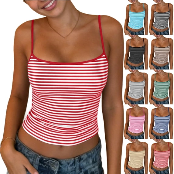 Otntypg Women Y2k Summer Striped Cami Tops Spaghetti Strap Backless Slim Fit Tank Top Aesthetic Sleeveless Going Out Camisole Shirts Brown M