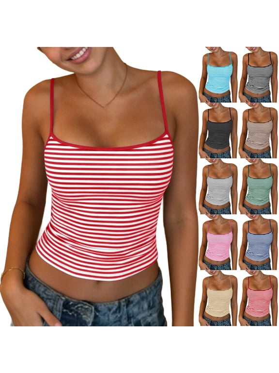 Women Y2k Summer Striped Cami Tops Spaghetti Strap Backless Slim Fit Tank Top Aesthetic Sleeveless Going Out Camisole Shirts Dark Gray S