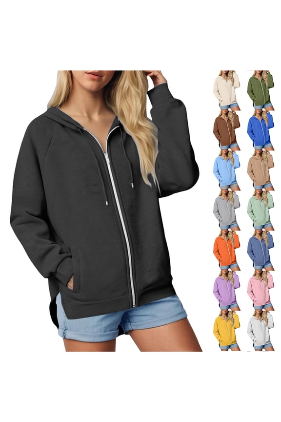 Women Zip Up Hoodies Lightweight Long Sleeve Drawstring Hooded Pullover Sweatshirt Oversized Side Split Hoodie Outwear Jacket with Pockets Orange S