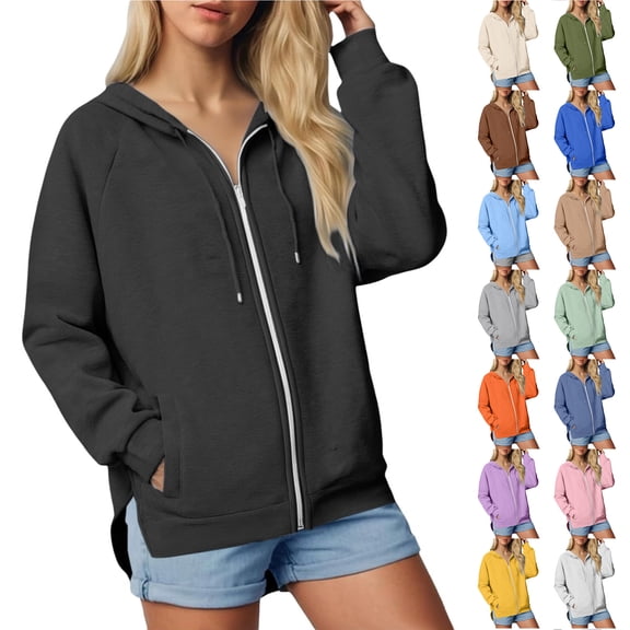 Otntypg Women Zip Up Hoodies Lightweight Long Sleeve Drawstring Hooded Pullover Sweatshirt Oversized Side Split Hoodie Outwear Jacket with Pockets Orange S