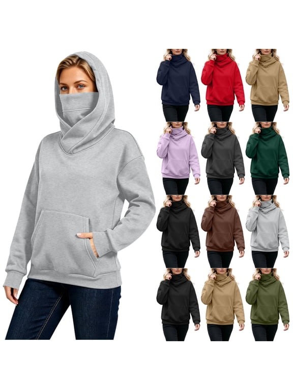 Women's Balaclava Hoodie with Built-in Face Mask Lightweight Loose Fit Casual Fall Long Sleeve Hooded Pullover Sweatshirts for Wind&Cold Protection,Suitable for Outdoor Activities,Streetwear