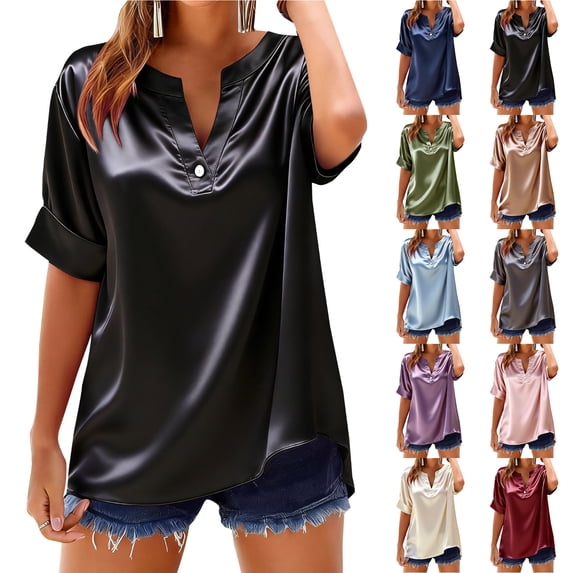 Otntypg Women's Business Casual Tops Summer Elegant Satin Silk Short Sleeve Tunic Shirts Dressy Henley V Neck Cute Work Business Blouses Black XXL