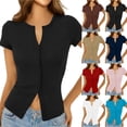 thumbnail image 1 of Otntypg Women's Button Down Cropped Shirt Dressy Cap Short Sleeve Tops Trendy Button Up Ribbed Knit Slim Fit Casual Y2K Crop Going Out Top Brown S, 1 of 8