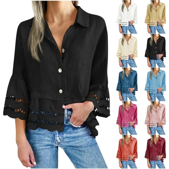 Otntypg Women's Button Down Shirts Bell 3/4 Sleeve V Neck Lace Blouses Casual Loose Hollow Out Ruffle Hem Tops Trendy Vacation Beach Outfit Clothes White XXL