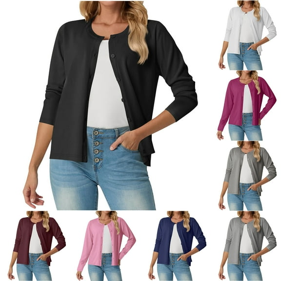 Otntypg Women's Cardigan Sweaters 2025 Lightweight Fall Oufits Clothes Fashion Trendy Long Sleeve Button Down Crew Neck Soft Knit Cardigans Sweater Tops Casual Jackets Black S