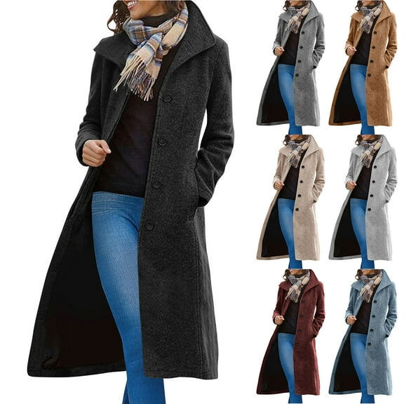 Otntypg Women's Casual Thicken Wool Blend Pea Coat Casual Winter Stand Collar Single Breasted Warrm Long Overcoat Jackets with Pockets Dark Gray L