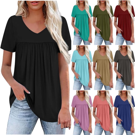 Otntypg Women's Chiffon Blouses Dressy Casual Summer Tops Loose Flowy Pleated Tunics V Neck Business Short Sleeve Shirts for Leggings Army Green L