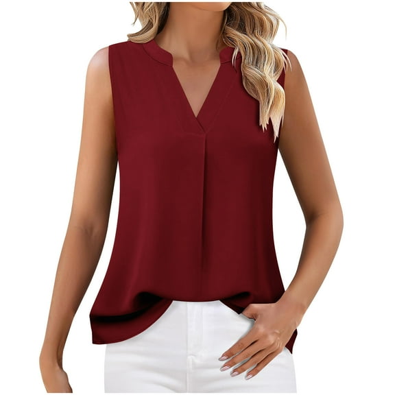 Otntypg Women's Chiffon Tank Tops Cute Summer Sleeveless V Neck Tunic Blouse Dressy Casual Tops Office Work Shirts Wine XL