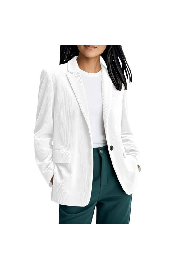 Women's Corduroy Blazer Jacket Long Sleeve Slim Fit Jacket One Button Lapel Jacket Work Office Coat Outerwear with Pockets White S