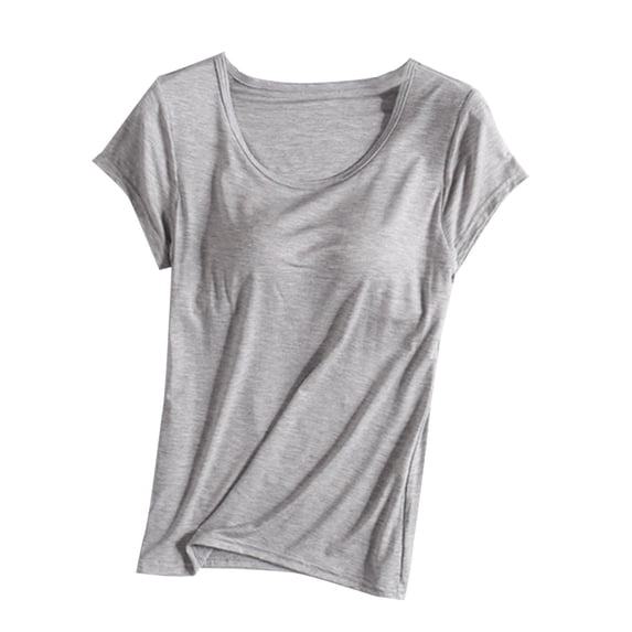 Otntypg Women's Cotton T Shirt with Built-in Bra Padded Active Tee Shirts Plus Size Casual Short Sleeves Shelf Bra Comfy Athletic Shirts Gray#01 XXXXL