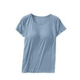 thumbnail image 1 of Otntypg Women's Cotton T Shirt with Built-in Bra Padded Active Tee Shirts Plus Size Casual Short Sleeves Shelf Bra Comfy Athletic Shirts Light Blue#02 L, 1 of 5