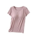 thumbnail image 1 of Otntypg Women's Cotton T Shirt with Built-in Bra Padded Active Tee Shirts Plus Size Casual Short Sleeves Shelf Bra Comfy Athletic Shirts Pink#02 M, 1 of 10