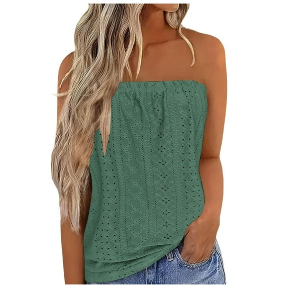 Otntypg Women's Crochet Tube Tops Cute Summer Solid Color Bandeau Tank Casual Strapless Blouse Off The Shoulder Tunic Shirts Army Green M