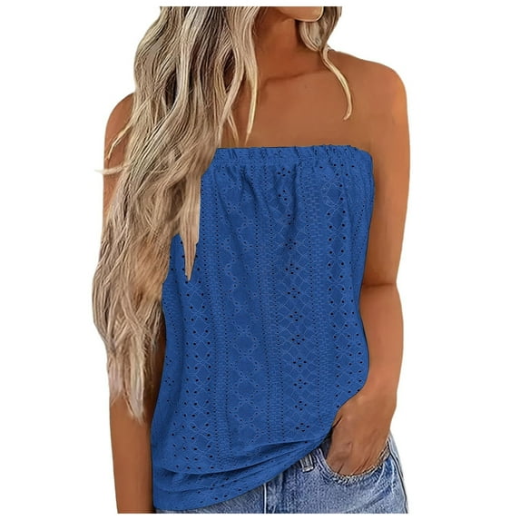 Otntypg Women's Crochet Tube Tops Cute Summer Solid Color Bandeau Tank Casual Strapless Blouse Off The Shoulder Tunic Shirts Blue XL