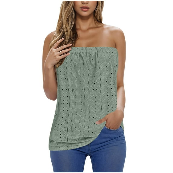 Otntypg Women's Crochet Tube Tops Cute Summer Solid Color Bandeau Tank Casual Strapless Blouse Off The Shoulder Tunic Shirts Green L
