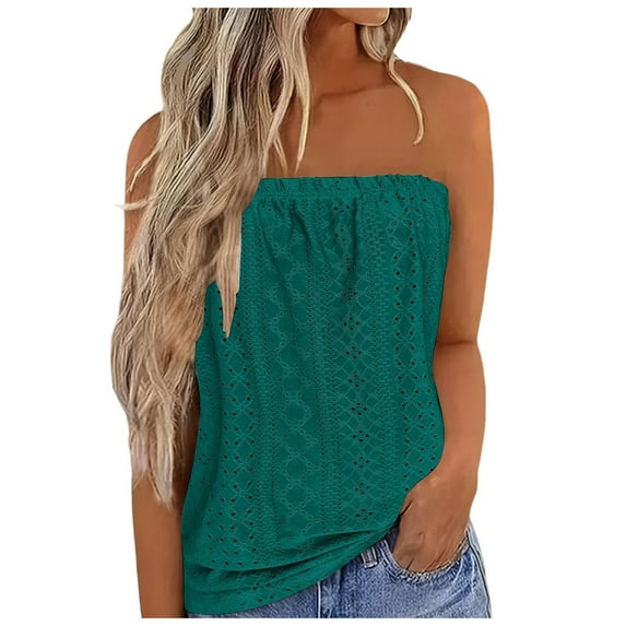 Otntypg Women's Crochet Tube Tops Cute Summer Solid Color Bandeau Tank Casual Strapless Blouse Off The Shoulder Tunic Shirts Navy#02 L