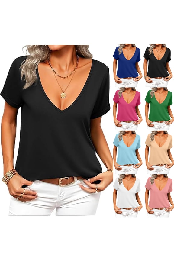 Women's Deep V T-Shirt Summer Low Cut Short Sleeve Tshirts Loose Casual Beach Vacation Tees Shirt Top Oversized Tunic Blouse Blue XXL