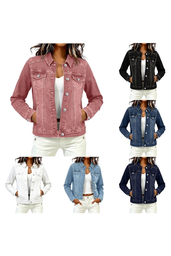 Women's Denim Cropped Jackets Long Sleeve Basic Classic Soft Stretch Fit Versatile Button Down Crop Jean Shacket with Pockets