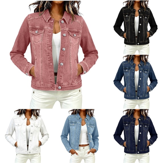 Otntypg Women's Denim Cropped Jackets Long Sleeve Basic Classic Soft Stretch Fit Versatile Button Down Crop Jean Shacket with Pockets