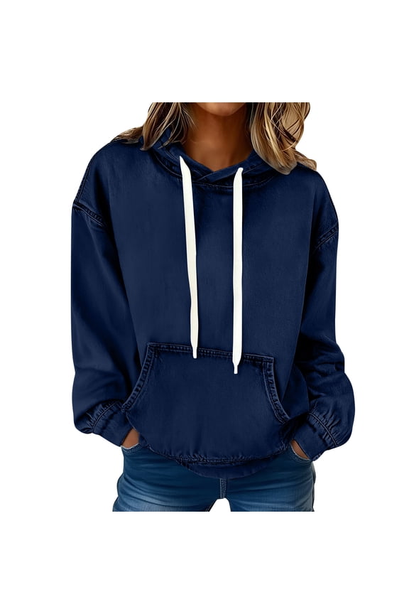 Women’s Denim Hoodie Jacket Lightweight Jean Pullover Casual Long Sleeve with Pocket Drawstring Hooded Sweatshirt Tops Dark Blue L