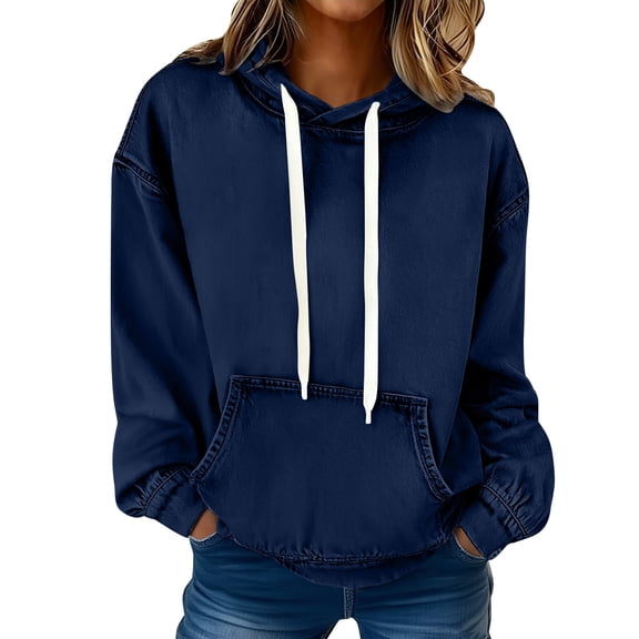 Otntypg Women’s Denim Hoodie Jacket Lightweight Jean Pullover Casual Long Sleeve with Pocket Drawstring Hooded Sweatshirt Tops Dark Blue XL