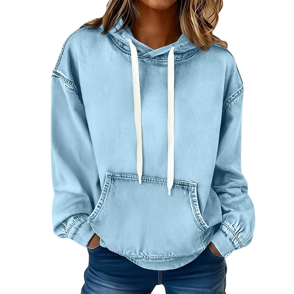 Otntypg Women’s Denim Hoodie Jacket Lightweight Jean Pullover Casual Long Sleeve with Pocket Drawstring Hooded Sweatshirt Tops Light Blue S