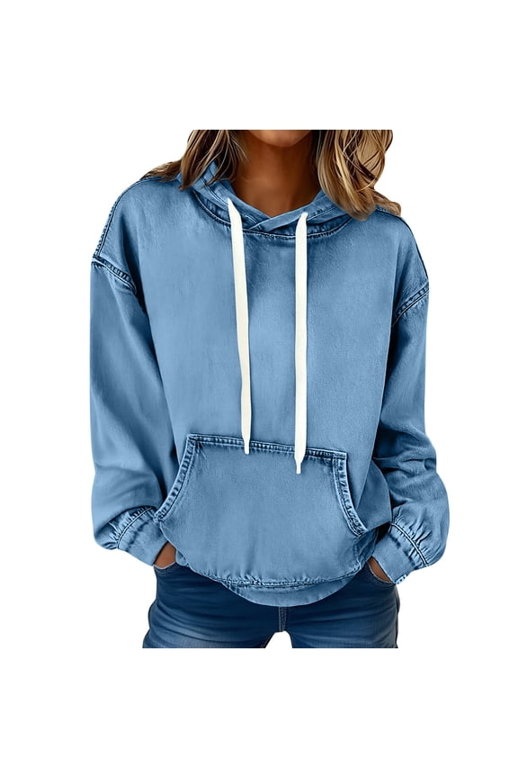 Women’s Denim Hoodie Jacket Lightweight Jean Pullover Casual Long Sleeve with Pocket Drawstring Hooded Sweatshirt Tops Sky Blue L