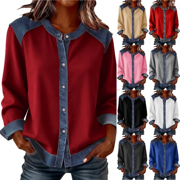 Otntypg Women's Denim Patchwork Button Down Shirts Dressy Loose Long Sleeve Lapel Collared Work T-Shirts Tops Lightweight Colorblock Business Casual Blouse Red XXL