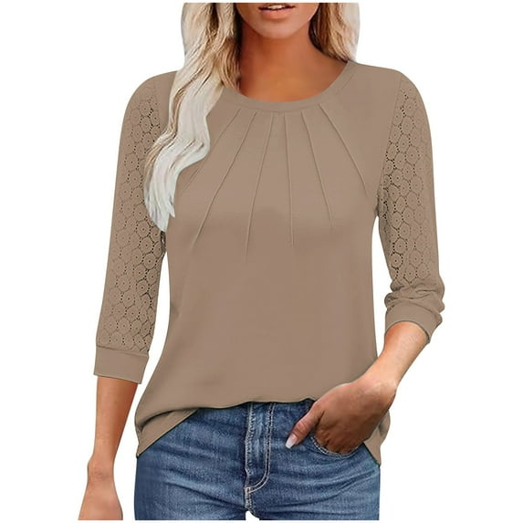 Otntypg Women's Dressy Business Casual Tunic Tops 3/4 Length Puff Sleeve Lace Crochet Eyelet Crewneck Ruched Pleated Solid Color T Shirts 2025 Summer Work Blouses Khaki XXXL