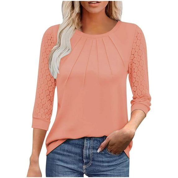 Otntypg Women's Dressy Business Casual Tunic Tops 3/4 Length Puff Sleeve Lace Crochet Eyelet Crewneck Ruched Pleated Solid Color T Shirts 2025 Summer Work Blouses Orange XXL
