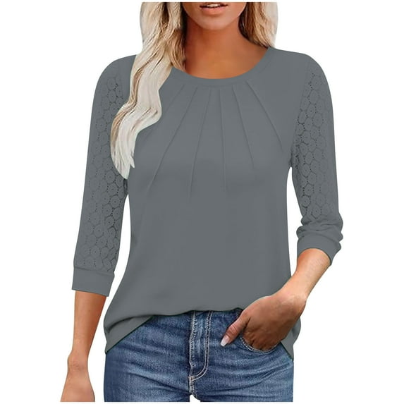 Otntypg Women's Dressy Business Casual Tunic Tops 3/4 Length Puff Sleeve Lace Crochet Eyelet Crewneck Ruched Pleated Solid Color T Shirts 2025 Summer Work Blouses Gray XXL