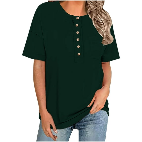 Otntypg Women's Dressy Casual Tops 2025 Summer Short Sleeve Henley Tunic Shirts Loose Oversized Solid Color Button Up Blouses with Pockets Army Green L