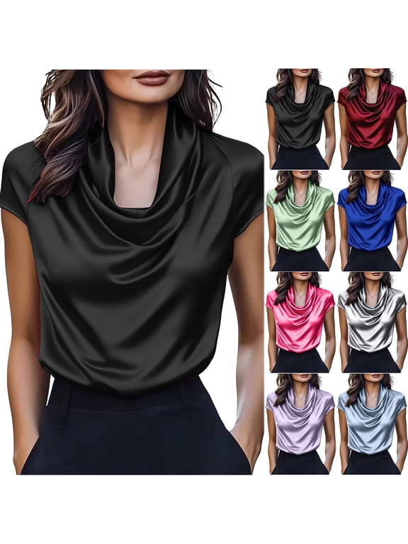 Women's Elegant Cowl Neck Satin Blouse Summer Short Sleeve Office Work Shirt Silk Top Dressy Casual Draped Front Tunic T-Shirts Blue XXL