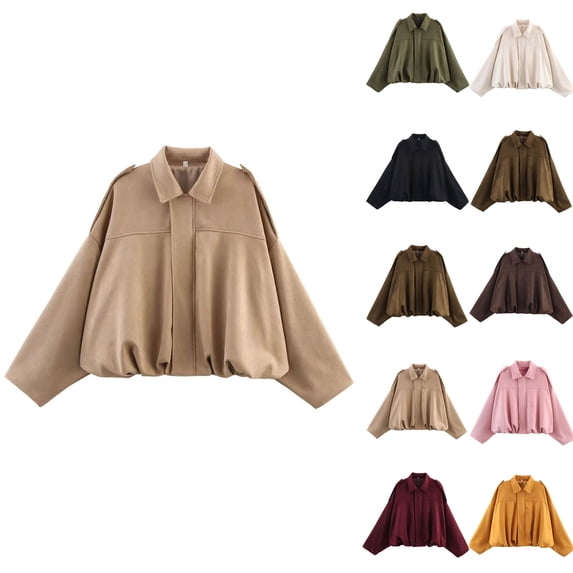 Otntypg Women's Faux Suede Bomber Jacket Lightweight Fall Spring Lapel Collared Full Zip up Coat Casual Oversized Batwing Long Sleeves Trendy Streetwear Outerwear