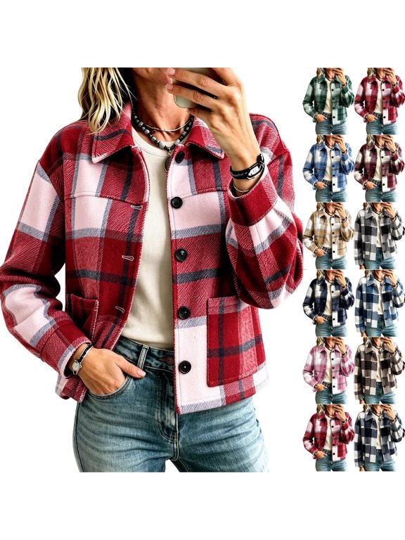 Women's Flannel Cropped Plaid Shacket Jacket Casual Fall Long Sleeve Button Down Collared Outerwear Coat Trendy Oversized Comfy Business Work Outdoor Crop Jackets with Pockets