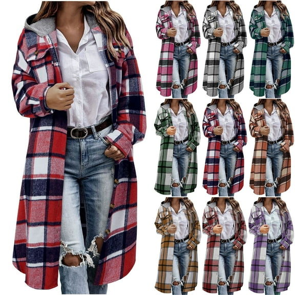 Otntypg Women's Flannel Hooded Plaid 2025 Shacket Thick Coat Winter Trench Coats for Warmth Button down Warm and Fuzzy Fleece Jacket with Flap Chest Pockets Green#01 XL