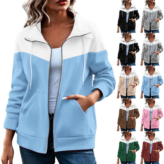 Otntypg Women's Full Zip up Sweatshirt Jacket Lightweight Comfy Fall Long Sleeve Striped Color Block Stand Collar Hoodless Running Sweatshirt with Pockets