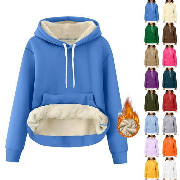 Otntypg Women's Hoodies Thick Fleece Lined Hooded Sweatshirt Plush Thick Warm Sherpa Lined Heavyweight Long Sleeve Drawstring Pullover Tops with Pocket Light Blue M