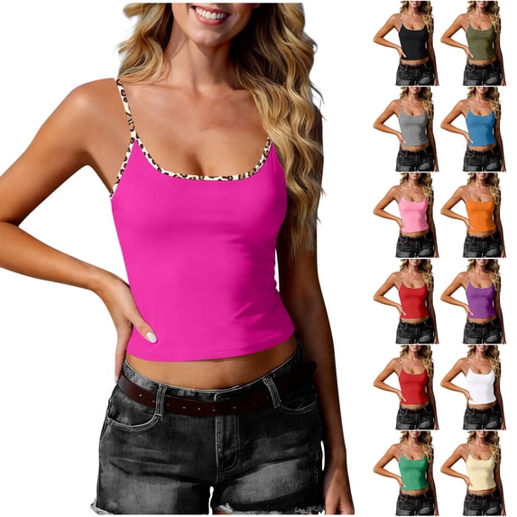 Otntypg Women's Leopard Camisole Tops Cute Scoop Neck Adjustable Spaghetti Strap Crop Tank Top Sleeveless Slim Fit Summer Y2k Cami Shirts Orange M