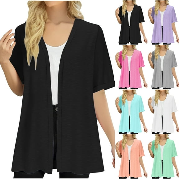 Otntypg Women's Lightweight Open Front Cardigans Fall Summer Short Sleeve Casual Soft Knit Cardigan Sweaters Loose Fit Outwear Tops Purple L